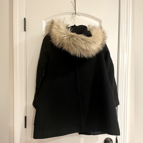 J. Crew Black Wool Winter Coat with Furry Hood - Size 2 - Picture 10 of 11